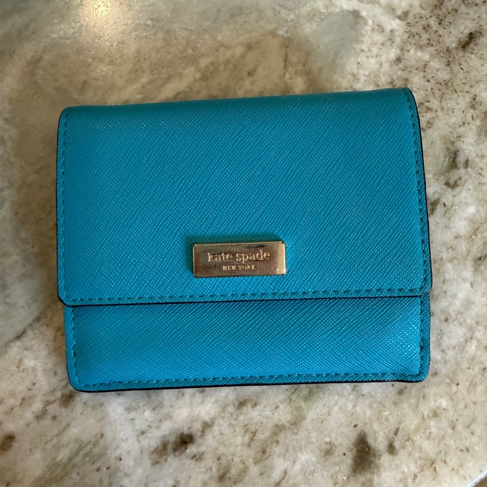 kate spade Teal Saffiano Leather Compact Wallet with Gold Plaque